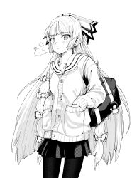 1girl absurdres bag blush bow breath cardigan commentary cowboy_shot fujiwara_no_mokou greyscale hair_bow hands_in_pockets highres long_hair monochrome multiple_hair_bows okeyadeokya pantyhose sailor_collar school_bag simple_background skirt solo touhou very_long_hair white_background