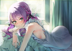 Rule 34 | &gt;:), 1girl, absurdres, ass, bare shoulders, black ribbon, braid, breasts, curtains, dress, french braid, frilled dress, frills, hair ribbon, highres, hololive, indoors, long hair, looking at viewer, low twintails, lying, medium breasts, multicolored hair, no bra, official alternate hairstyle, pink hair, pointy ears, purple hair, ribbon, rnjs4967, sideboob, sleeveless, sleeveless dress, smile, solo, streaked hair, tokoyami towa, twintails, v-shaped eyebrows, virtual youtuber, white dress, window, yellow eyes