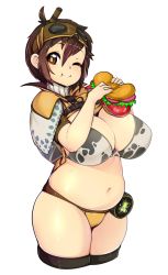 Rule 34 | 1girl, :t, animal print, belly, bra, breasts, brown eyes, brown hair, cleavage, commentary, cow print, cropped legs, eating, food, goggles, goggles on head, handler (monster hunter world), highres, huge breasts, legs together, looking at viewer, monster hunter, monster hunter: world, monster hunter (series), navel, one eye closed, panties, plump, sandwich, shiny skin, short hair, simple background, skindentation, slugbox, smile, solo, standing, stomach, sweat, thick thighs, thighhighs, thighs, underwear, white background