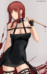 Rule 34 | 1girl, absurdres, bare shoulders, black dress, black gloves, black thighhighs, blood, blood drip, blood splatter, breasts, brown eyes, chainsaw man, cleavage, closed mouth, cosplay, dress, earrings, fingerless gloves, gloves, grey background, highres, hioyami, jewelry, knife, large breasts, looking at viewer, makima (chainsaw man), medium hair, patreon username, red hair, sidelocks, smile, solo, spy x family, thighhighs, yor briar, yor briar (cosplay)