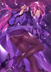 Rule 34 | 1girl, absurdres, ass, bare shoulders, black pantyhose, blush, breasts, cleavage, dress, fate/grand order, fate (series), feather trim, grin, hair between eyes, headpiece, heiyan shenshi, high heels, highres, holding, holding wand, large breasts, legs, long hair, long sleeves, looking at viewer, pantyhose, pumps, purple dress, purple footwear, purple hair, red eyes, scathach (fate), scathach skadi (fate), smile, solo, thighband pantyhose, thighs, tiara, wand, wide sleeves