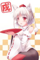 Rule 34 | 1girl, animal ears, bare shoulders, blush, checkered background, commentary request, cup, detached sleeves, hat, highres, holding, holding cup, inubashiri momiji, looking at viewer, lzh, open mouth, pom pom (clothes), red eyes, ribbon-trimmed sleeves, ribbon trim, sakazuki, short hair, simple background, skirt, solo, tokin hat, touhou, white hair, wide sleeves, wolf ears
