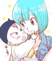 Rule 34 | 1boy, 1girl, :o, absurdres, aqua hair, baby, black headwear, blue eyes, blunt bangs, blush, breast pocket, bulma, carrying, cheek-to-cheek, close-up, collarbone, denim, denim jacket, dragon ball, dragonball z, fingernails, floral background, flower, frown, hand on another&#039;s face, happy, hat, heads together, highres, jacket, looking at another, miiko (drops7), mother and son, open mouth, pocket, polka dot, polka dot background, purple hair, short hair, simple background, smile, translation request, trunks (dragon ball), upper body, v-shaped eyebrows, waistcoat, white background, yellow flower