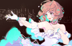Rule 34 | 1girl, aqua hair, black background, bow, brown eyes, commentary request, crying, dress, drill hair, frilled dress, frills, glitch, gloves, hand on own chest, inaba miyuki, juusan kihei bouei ken, orange hair, short hair, simple background, single glove, solo, tears, teeth, upper body, upper teeth only, white dress, white gloves, yoruhachi