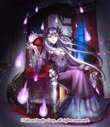 Rule 34 | 1girl, breasts, cleavage, colored skin, company name, curtains, dress, fire, full body, gyakushuu no fantasica, large breasts, long hair, nail polish, official art, pale skin, purple hair, red eyes, sitting, solo, teeth, tiara, vampire, white skin, window, xxxpechkaxxx