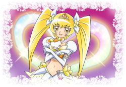 Rule 34 | 10s, 1girl, blonde hair, bow, cure sunshine, cure sunshine (super silhouette), elbow gloves, gloves, hair bow, heart, heartcatch precure!, lace, long hair, magical girl, midriff, myoudouin itsuki, navel, potpourri (heartcatch precure!), precure, purple background, smile, solo, tiara, twintails, white gloves, yellow eyes, yukkyun