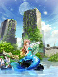 Rule 34 | 1girl, :d, absurdres, blue eyes, blue sky, breasts, brown hair, building, city, cityscape, cloud, commentary request, covered navel, day, elbow gloves, fins, full body, gloves, head fins, highres, ivuki, large breasts, long hair, mermaid, monster girl, open mouth, original, outdoors, outstretched arms, overgrown, reflection, ruins, sitting, sky, skyscraper, smile, solo, upper body, water, white gloves