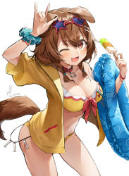 Rule 34 | 1girl, ;d, animal ears, bikini, bikini under clothes, blush, bone hair ornament, braid, breasts, brown hair, cleavage, collar, collarbone, dog ears, dog girl, dog tail, eyewear on head, fangs, food, hair ornament, heart, heart-shaped eyewear, highres, holding, holding food, hololive, innertube, inugami korone, inugami korone (1st costume), jacket, kito koruta, leaning forward, long hair, looking at viewer, medium breasts, navel, off shoulder, one eye closed, open clothes, open jacket, open mouth, popsicle, red-framed eyewear, red eyes, scrunchie, shirt, signature, simple background, smile, solo, star-shaped eyewear, star (symbol), sunglasses, swim ring, swimsuit, tail, twin braids, virtual youtuber, white background, wrist scrunchie, yellow bikini, yellow jacket, yellow shirt