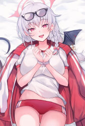Rule 34 | 1girl, black tail, black wings, blue archive, blush, braid, breasts, buruma, candy, cowboy shot, eyewear on head, fake wings, food, grey hair, gym shirt, gym uniform, halo, haruna (blue archive), haruna (track) (blue archive), highres, jacket, large breasts, long hair, looking at viewer, mi taro333, official alternate costume, open mouth, red buruma, red eyes, red halo, shirt, short sleeves, side braid, single wing, smile, solo, tongue, tongue out, track jacket, white shirt, wings