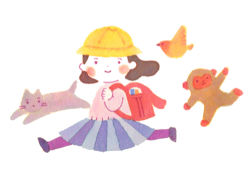 Rule 34 | 1girl, animal, backpack, bag, bird, blending, blue skirt, blush stickers, brown hair, cat, child, closed mouth, commentary request, dot nose, from side, full body, hand up, hat, hirasawa minami, japanese macaque, long sleeves, looking at viewer, looking to the side, lowres, monkey, no lineart, original, pleated skirt, purple legwear, randoseru, running, school hat, short hair, simple background, skirt, smile, traditional media, white background, yellow headwear