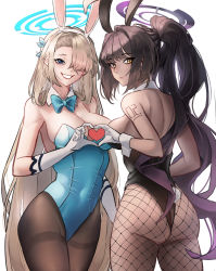 Rule 34 | 2girls, absurdres, animal ears, ass, asuna (blue archive), asuna (bunny) (blue archive), bare arms, bare shoulders, black hair, blue archive, blue bow, blue bowtie, blue eyes, blue leotard, bow, bowtie, breasts, brown legwear, cleavage, commentary request, covered navel, cowboy shot, dark-skinned female, dark skin, detached collar, fake animal ears, fake tail, fishnet legwear, fishnets, from behind, ggz (gguzal 95), gloves, grey hair, grin, hair over one eye, hairband, halo, heart, heart hands, heart hands duo, highres, karin (blue archive), karin (bunny) (blue archive), large breasts, leotard, long hair, looking at viewer, looking back, mole, mole on breast, multiple girls, pantyhose, playboy bunny, rabbit ears, rabbit tail, shoulder tattoo, simple background, smile, standing, strapless, strapless leotard, tail, tattoo, thighband pantyhose, thighs, traditional bowtie, very long hair, white background, white gloves, white hairband, yellow eyes