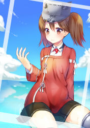 Rule 34 | 10s, 1girl, afloat, asagi yuna, bad id, bad pixiv id, brown eyes, brown hair, day, highres, horizon, japanese clothes, kantai collection, kariginu, looking at viewer, magatama, ocean, pleated skirt, ryuujou (kancolle), sitting, skirt, sky, smile, solo, twintails, visor cap, wet, wet clothes