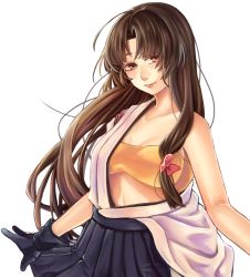 Rule 34 | 10s, 1girl, ahoge, bare shoulders, black gloves, black skirt, blush, breasts, brown eyes, brown hair, commentary, gloves, hair ribbon, japanese clothes, kantai collection, long hair, looking at viewer, medium breasts, open clothes, pleated skirt, ribbon, sano sanosuke, shouhou (kancolle), skirt, smile, solo, white background