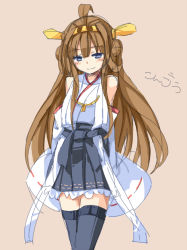 Rule 34 | 10s, 1girl, arms behind back, blush, brown hair, kantai collection, kongou (kancolle), kuresuku (lessons), long hair, simple background, sketch, skirt, smile, solo, thighhighs
