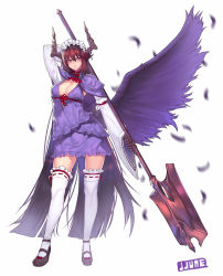 Rule 34 | 1girl, artist name, breasts, brown hair, cleavage, dress, full body, headdress, holding, holding weapon, horns, jjune, large breasts, long hair, mary janes, original, parted lips, purple dress, purple eyes, purple wings, shoes, simple background, solo, thighhighs, very long hair, weapon, white background, white thighhighs, wings