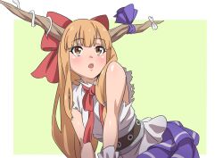 Rule 34 | 1girl, bow, brown eyes, green background, gyouza (mhea5724), hair bow, highres, horns, ibuki suika, long hair, looking to the side, oni horns, open mouth, orange hair, purple bow, purple skirt, red bow, shirt, skirt, sleeveless, sleeveless shirt, solo, torn clothes, torn shirt, touhou, white bow, white shirt