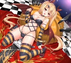 Rule 34 | 1girl, arched back, arm warmers, black bra, black panties, black thighhighs, blonde hair, bra, breasts, chainsaw, checkered floor, cleavage, cross-laced clothes, cuffs, dagger, demon wings, dutch angle, fang, fork, full body, glint, halloween, handcuffs, head tilt, kneeling, knife, large breasts, looking at viewer, mary janes, mini wings, miyuki rei, navel, orange thighhighs, original, panties, pumpkin, red eyes, shoes, spread legs, striped, thighhighs, twintails, underwear, weapon, wings