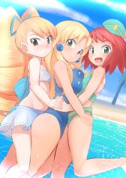 Rule 34 | 3girls, asymmetrical docking, beach, big hair, bikini, blonde hair, blue legwear, blush, breast press, breasts, brown eyes, capcom, cloud, commentary request, crossover, day, drill hair, earrings, frilled bikini, frilled bikini, frills, girl sandwich, green eyes, hair ornament, hand on another&#039;s leg, hat, holding hands, hug, hug from behind, jewelry, kalinka cossack (mega man), large breasts, leg up, long hair, looking at viewer, luna platz (mega man), mega man (series), mega man star force, multiple girls, ocean, one-piece swimsuit, open mouth, popporunga, red hair, rockman xover, sandwiched, short hair, sky, small breasts, smile, sonia strumm (mega man), summer, swimsuit, water