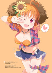 Rule 34 | 1girl, ;d, ahoge, bikini, bikini under clothes, breasts, cleavage, clover hair ornament, earrings, flower, hair flower, hair ornament, hat, heart, heart ahoge, jewelry, kitahara tomoe (kitahara koubou), looking at viewer, love live!, love live! school idol festival, love live! sunshine!!, miniskirt, necklace, one eye closed, open mouth, orange background, orange bikini, orange hair, orange scrunchie, plaid, plaid shirt, puffy short sleeves, puffy sleeves, red eyes, scrunchie, shirt, short sleeves, simple background, skirt, smile, solo, spoken heart, straw hat, striped clothes, striped scrunchie, sunflower, swimsuit, swimsuit under clothes, takami chika, thigh strap, tied shirt, translation request, twitter username, w over eye, wrist scrunchie