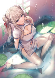 Rule 34 | 1girl, breasts, china dress, chinese clothes, cleavage, cleavage cutout, clothing cutout, cocoa (cafe-hotcocoa), dress, grey hair, highres, lily pad, long hair, looking at viewer, medium breasts, navel, navel cutout, no panties, no shoes, original, pelvic curtain, purple eyes, short dress, short sleeves, sitting, smile, solo, thighhighs, twintails, water, wet, white dress, white thighhighs