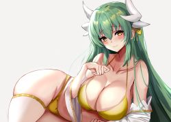 Rule 34 | 1girl, bikini, blush, breasts, bridal garter, closed mouth, collarbone, commentary, dragon girl, dragon horns, fate/grand order, fate (series), grey background, hair between eyes, highres, horns, kiyohime (fate), kuro (tbm9187), large breasts, long hair, looking at viewer, lying, multiple horns, on side, simple background, smile, swimsuit, thighs, wrist cuffs, yellow bikini, yellow eyes