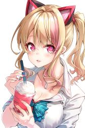 Rule 34 | .live, 1girl, absurdres, animal ears, blonde hair, blue bow, blush, bow, breasts, cleavage, collarbone, collared shirt, cup, darjeeling (reley), disposable cup, drinking straw, fake animal ears, fingernails, glowing, hair between eyes, hair intakes, highres, holding, holding cup, large breasts, long hair, looking at viewer, multicolored hair, nail polish, nekonoki mochi, parted lips, pink hair, pink nails, purple eyes, shirt, short sleeves, side ponytail, simple background, solo, streaked hair, upper body, virtual youtuber, white background, white shirt