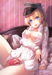 Rule 34 | 10s, 1girl, anchor hair ornament, bad id, bad nicoseiga id, bed, between legs, blonde hair, blue eyes, blush, breasts, dress shirt, hair ornament, hat, highres, kantai collection, large breasts, long hair, long sleeves, looking at viewer, naked shirt, no bra, no panties, open clothes, open mouth, open shirt, peaked cap, pillow, prinz eugen (kancolle), saraki, shirt, solo, stuffed animal, stuffed toy, teddy bear, twintails, valentine