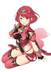 1girl armor blush bodysuit boots breasts covered_navel earrings fingerless_gloves full_body gloves hand_on_own_chest highres jewelry legs_together looking_at_viewer medium_breasts nintendo open_mouth pyra_(xenoblade) red_eyes red_hair rojiko_(275026) shadow short_hair simple_background sitting smile solo swept_bangs thigh_boots thighhighs tiara white_background xenoblade_chronicles_(series) xenoblade_chronicles_2