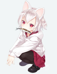 Rule 34 | + +, 1girl, 2016, animal ears, black pantyhose, blush, capriccio, cat ears, commentary request, dated, fish, hair ornament, hibanar, hood, hoodie, kaburi chiko, long sleeves, looking at viewer, mary janes, mouth hold, original, pantyhose, paw hair ornament, red eyes, shoes, short hair, side ponytail, silver hair, simple background, skirt, solo, squatting, white background