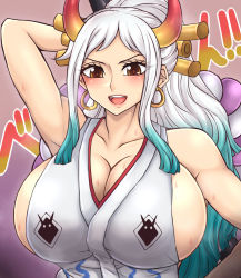 Rule 34 | beruzumi-m, breasts, cleavage, green hair, highres, huge breasts, multicolored hair, muscular, one piece, sideboob, solo, sweat, white hair, yamato (one piece), yellow eyes