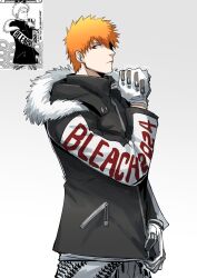 Rule 34 | 1boy, 2002, 2024, alternate costume, asure (asure twi), bleach, brown eyes, closed mouth, comic panel redraw, copyright name, derivative work, fur-trimmed jacket, fur trim, gloves, hand up, highres, jacket, kurosaki ichigo, long sleeves, looking at viewer, male focus, orange hair, reference inset, spiked hair, white background, zipper, zipper pull tab