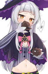 Rule 34 | 1girl, absurdres, blush, bow, bowtie, brown gloves, capelet, commentary request, covering own mouth, gloves, hands up, hat, highres, hololive, long hair, long sleeves, midriff, murasaki shion, murasaki shion (1st costume), navel, oisiimizu, orange eyes, pink bow, pink bowtie, purple capelet, purple hat, purple shirt, shirt, simple background, solo, spoken squiggle, squiggle, striped clothes, striped shirt, upper body, virtual youtuber, white background, white hair, witch hat, yellow eyes