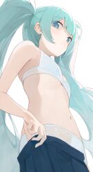 Rule 34 | 1girl, aqua hair, blue bra, blue eyes, blue panties, blue skirt, bra, clothes pull, commentary, hatsune miku, highres, hiroki (yyqw7151), looking at viewer, panties, polka dot, polka dot bra, simple background, skirt, skirt pull, solo, twintails, underwear, variant set, vocaloid, white background