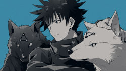 Rule 34 | 1boy, animal, asada hachi, blue background, blue eyes, blue theme, closed mouth, commentary, dog, familiar, fingernails, fushiguro megumi, gakuran, hair between eyes, hand on another&#039;s head, headpat, high collar, highres, jacket, jujutsu kaisen, long sleeves, looking to the side, male focus, monochrome, school uniform, serious, short hair, spiked hair, spot color, twitter username, upper body, watermark