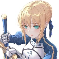 Rule 34 | absurdres, armor, artoria pendragon (fate), blonde hair, braid, braided bun, breastplate, eichi (skskdi12z), excalibur (fate/stay night), eyes visible through hair, fate/grand order, fate (series), gauntlets, green eyes, hair between eyes, hair bun, highres, holding, holding sword, holding weapon, looking at viewer, open mouth, simple background, solo, sword, upper body, weapon, white background