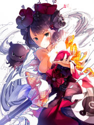 Rule 34 | 1girl, bare shoulders, black eyes, blush, bow, breasts, calligraphy brush, checkered bow, checkered clothes, cleavage, closed mouth, collarbone, commentary request, fate/grand order, fate (series), hair ornament, holding, holding paintbrush, japanese clothes, katsushika hokusai (fate), kimono, long hair, long sleeves, looking at viewer, medium breasts, niii (memstapak), octopus, off shoulder, outstretched arm, paintbrush, purple hair, solo, v-shaped eyebrows, waves, white background
