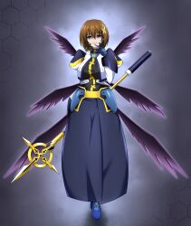 Rule 34 | 1girl, absurdres, arm behind back, blue eyes, bright pupils, brown hair, commission, evil grin, evil smile, eyebrows hidden by hair, full body, gloves, grin, hair between eyes, hair ornament, highres, hip armor, long skirt, long sleeves, looking at viewer, lyrical nanoha, mahou shoujo lyrical nanoha, mahou shoujo lyrical nanoha strikers, multiple wings, numbers&#039; uniform, numbers (nanoha), oshimaru026, pixiv commission, puffy sleeves, schwertkreuz, short hair, skirt, smile, solo, staff, waist cape, white pupils, wings, x hair ornament, yagami hayate