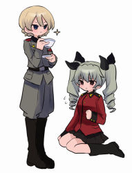 Rule 34 | 2girls, anchovy (girls und panzer), anchovy (girls und panzer) (cosplay), anzio military uniform, belt, black footwear, black ribbon, black skirt, blonde hair, blue eyes, boots, braid, brown eyes, clenched hand, cosplay, costume switch, cup, darjeeling (girls und panzer), darjeeling (girls und panzer) (cosplay), drill hair, epaulettes, flying sweatdrops, girls und panzer, green hair, grey pants, hair ribbon, highres, holding, holding cup, holding saucer, jacket, knee boots, long hair, long sleeves, miniskirt, multiple girls, pants, pleated skirt, red jacket, ri (qrcode), ribbon, sam browne belt, saucer, seiza, short hair, simple background, sitting, skirt, sparkle, st. gloriana&#039;s military uniform, standing, teacup, twin braids, twin drills, twintails, white background