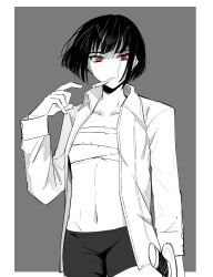 Rule 34 | 1girl, absurdres, black hair, black shorts, bob cut, chest sarashi, cigarette, closed mouth, collared shirt, cowboy shot, highres, holding, holding sword, holding weapon, jacket, limbus company, long sleeves, looking at viewer, navel, open clothes, open shirt, project moon, red eyes, ryoshu (project moon), sarashi, shirt, short hair, shorts, solo, sword, touu yaiba, weapon, white jacket