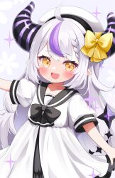 Rule 34 | 1girl, :d, aged down, beret, blush, braid, cocozasa, commentary request, hat, highres, hololive, horns, la+ darknesss, long hair, looking at viewer, multicolored hair, open mouth, pointy ears, purple hair, school uniform, serafuku, smile, solo, streaked hair, tail, two-tone hair, very long hair, virtual youtuber, white hair, yellow eyes