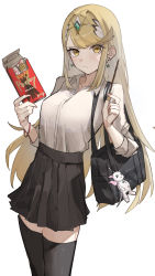Rule 34 | 1girl, bag, black bag, black skirt, blonde hair, blush, breasts, closed mouth, collarbone, collared shirt, commentary request, cowboy shot, earrings, fingernails, food, gem, hair ornament, handbag, headpiece, highres, holding, holding food, holding pocky, jewelry, large breasts, long hair, long sleeves, looking at viewer, mia cbx, mythra (xenoblade), pleated skirt, pocky, resolution mismatch, shirt, simple background, skirt, solo, source larger, standing, stuffed animal, stuffed toy, swept bangs, thighhighs, tiara, white background, white shirt, xenoblade chronicles (series), xenoblade chronicles 2, yellow eyes, zettai ryouiki