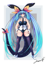 Rule 34 | 1girl, animal ears, bare shoulders, black leotard, black necktie, black thighhighs, blue hair, bow, breasts, commission, detached collar, dizzy (guilty gear), fake animal ears, full body, groin, guilty gear, guilty gear xrd, hair between eyes, hair ribbon, hair rings, hand on own hip, heart, high heels, iguana henshuu-chou, large breasts, leotard, long hair, looking at viewer, monster girl, necktie, playboy bunny, rabbit ears, red eyes, ribbon, signature, simple background, skeb commission, solo, tail, tail ornament, tail ribbon, thick thighs, thighhighs, thighs, twintails, white footwear, wrist cuffs, yellow ribbon