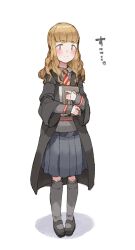Rule 34 | 1girl, black footwear, blue skirt, book, cloak, female focus, full body, grey sweater, harry potter (series), hermione granger, highres, hogwarts school uniform, holding, holding book, looking at viewer, necktie, nekotewi, open cloak, open clothes, pigeon-toed, pleated skirt, school uniform, simple background, skirt, sleeves past wrists, smile, socks, solo, standing, striped necktie, sweater, wavy hair, white background, wizarding world