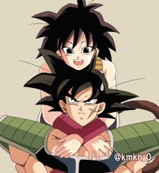 Rule 34 | 1boy, 1girl, :d, armor, arms around neck, bad id, bad pixiv id, bardock, bare arms, bare shoulders, black eyes, black hair, head on head, head rest, dragon ball, frown, gine, grey background, happy, hug, hug from behind, looking at another, looking up, lowres, nervous, open mouth, scar, serious, shaded face, short hair, simple background, smile, spiked hair, sweatdrop, twitter username, upper body