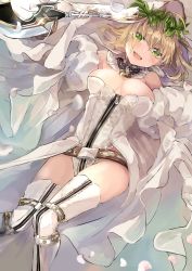 Rule 34 | 1girl, absurdres, aestus estus, ahoge, bare shoulders, belt, belt skirt, breasts, center opening, chain, cleavage, detached sleeves, elbow gloves, fate/grand order, fate (series), full-length zipper, gloves, hair intakes, head wreath, highres, knees together feet apart, large breasts, leotard, lock, lying, mitu-yuki, nero claudius (bride) (fate), nero claudius (bride) (third ascension) (fate), nero claudius (fate), nero claudius (fate) (all), on back, open mouth, padlock, petals, puffy sleeves, rose petals, showgirl skirt, solo, strapless, strapless leotard, thighhighs, white gloves, white leotard, white thighhighs, zipper, zipper pull tab