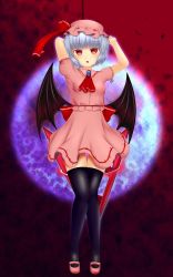 Rule 34 | 1girl, arm behind head, arms up, aura, bat wings, black thighhighs, blue hair, blush, bow, breasts, brooch, full body, gradient background, hat, hat bow, highres, jewelry, knees together feet apart, light particles, looking at viewer, mob cap, parted lips, pink footwear, pink shirt, pink skirt, red background, red eyes, remilia scarlet, ribbon, shirt, shoes, shounen (hogehoge), skirt, small breasts, thighhighs, touhou, wings