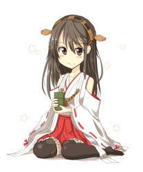 Rule 34 | 10s, 1girl, black thighhighs, blush, boots, brown eyes, brown hair, cup, detached sleeves, full body, haruna (kancolle), kantai collection, long hair, looking at viewer, mashayuki, nontraditional miko, personification, pleated skirt, sitting, skirt, smile, solo, teacup, thigh boots, thighhighs, wariza, white background, yunomi, zettai ryouiki