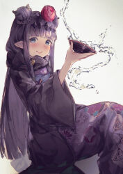 Rule 34 | 1girl, absurdres, blue eyes, blunt bangs, braid, braided bun, choko (cup), commentary request, cup, double bun, flower, greedice, grey background, hair bun, hair flower, hair ornament, highres, holding, holding cup, hololive, hololive english, invisible chair, japanese clothes, kimono, light blush, long hair, looking at viewer, ninomae ina&#039;nis, ninomae ina&#039;nis (new year), obi, official alternate costume, official alternate hairstyle, parted lips, pointy ears, print kimono, purple hair, sash, sidelocks, simple background, sitting, smile, solo, spill, virtual youtuber, wide sleeves
