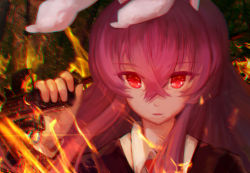 Rule 34 | animal ears, chromatic aberration, gun, holding, holding gun, holding weapon, imperishable night, long hair, looking at viewer, parted lips, purple hair, rabbit ears, rabbit girl, red eyes, reisen udongein inaba, rhachen, smile, touhou, weapon