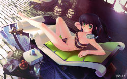 Rule 34 | 1girl, apple, artist name, bad id, bad pixiv id, barefoot, basket, bikini, black hair, book, breasts, cellphone, chair, condom, digital media player, feet, female focus, food, fruit, glass, green eyes, headphones, hicage hisoca, higashi no eden, high heels, highres, ipod, ipod touch, legs, long hair, looking at viewer, lounge chair, md5 mismatch, navel, open shoes, original, phone, shoes, side ponytail, solo, speaker, swimsuit